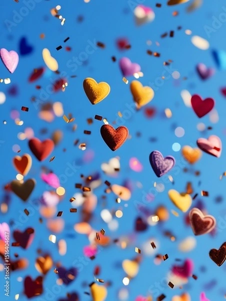 Fototapeta Colorful hearts and confetti in the air