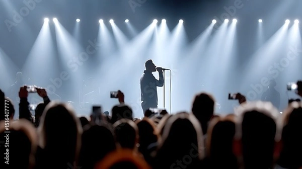 Fototapeta Performer on stage in spotlight with cheering crowd at concert