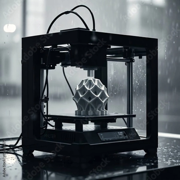 Fototapeta 3D Printer Creating Geometric Object in Rainy Window Setting