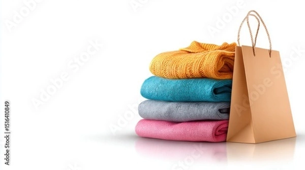 Fototapeta Stack of colorful sweaters next to a shopping bag