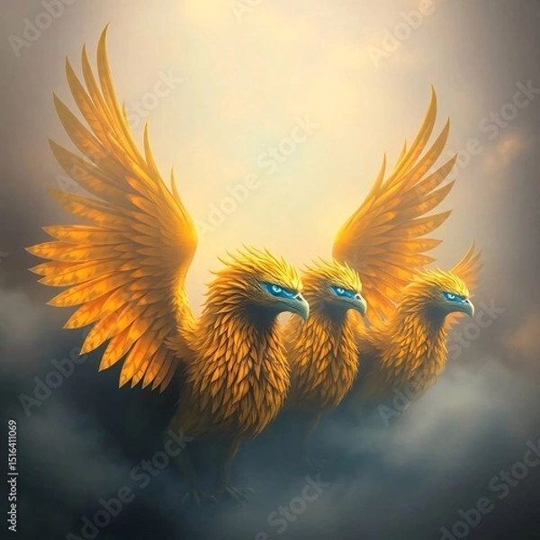 Fototapeta Three Golden Griffins in the Clouds