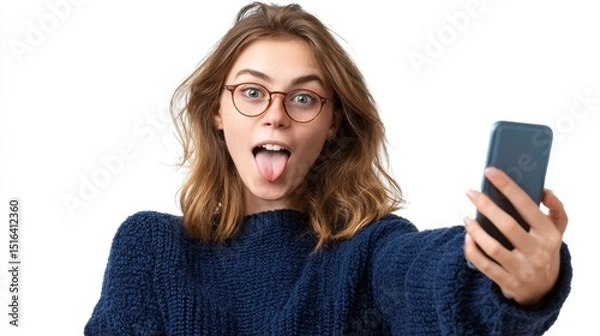 Fototapeta A young woman with glasses sticks out her tongue while taking a selfie