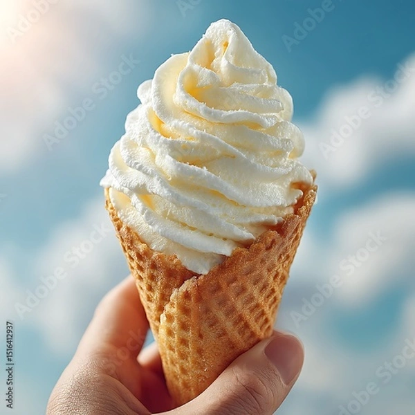 Fototapeta Handheld Vanilla Ice Cream Cone, Sunny Sky