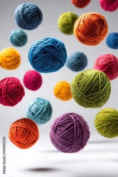 Fototapeta Colorful yarn balls floating in mid-air