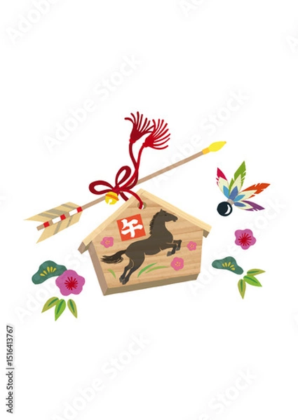 Obraz 切り絵で作った巳年の絵馬(黒馬）　破魔矢と松竹梅と羽根付き	