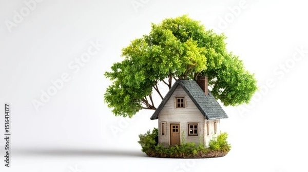 Fototapeta Miniature cottage nestled beneath a lush tree