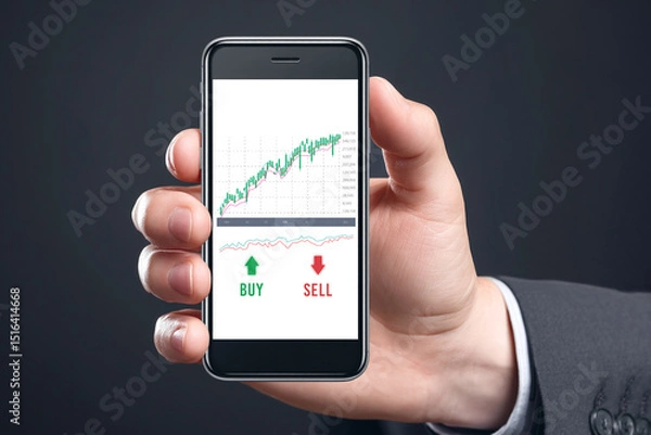 Fototapeta Businessman shows data screen smartphone chart stock market investment.