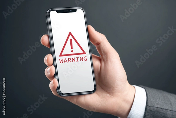 Fototapeta Businessman holding smartphone shows warning alert on screen.