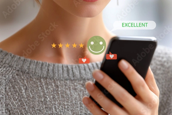 Fototapeta Woman rating customer satisfaction on mobile phone with five star review.