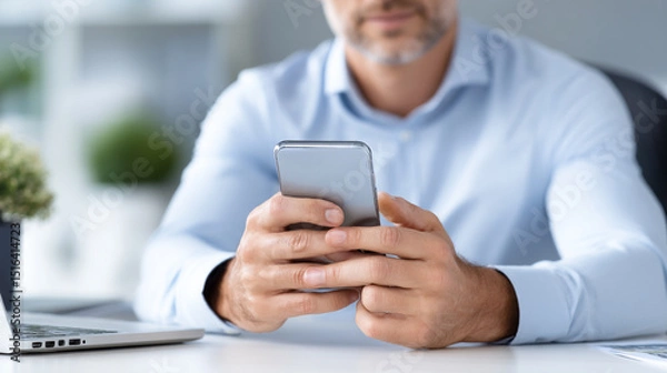 Fototapeta Businessman using smartphone at desk, modern office scene.