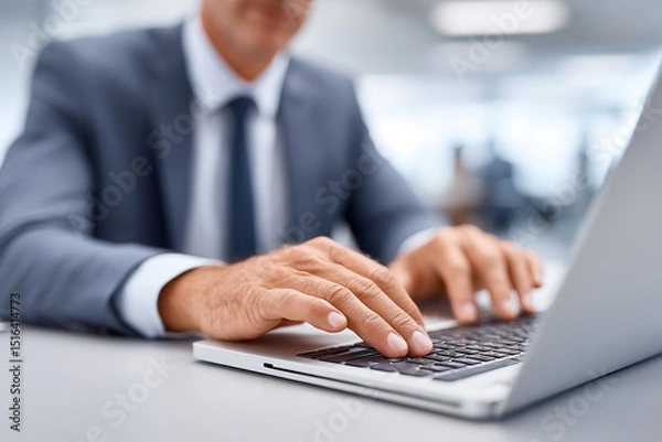 Fototapeta Close-up of businessman hands typing on laptop keyboard in office.