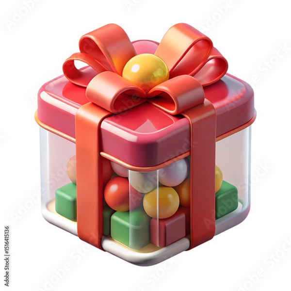 Fototapeta Vibrant 3d rendering of a gift box filled with colorful candies tied with an elegant ribbon plastic-style icon isolated on transparent background.