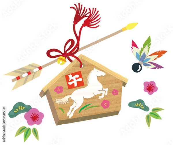 Obraz 切り絵で作った巳年の絵馬(白馬）　破魔矢と松竹梅と羽根付き	