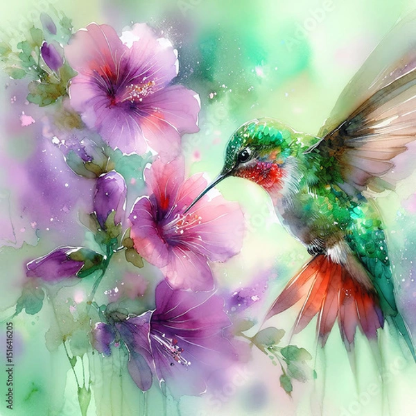 Fototapeta Hummingbird and Hibiscus in Watercolor