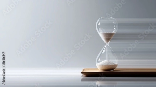 Fototapeta A sleek hourglass stands on a smooth wooden surface. The design emphasizes the flow of time and its passage. This image captures the essence of patience and anticipation. AI