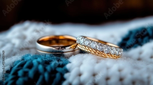 Fototapeta Two beautifully crafted wedding rings showcase their intricate designs resting atop a cozy crochet fabric, symbolizing love, unity, and commitment.
