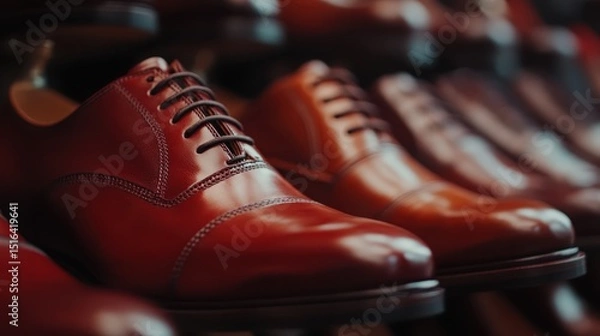 Fototapeta A stunning array of polished brown dress shoes, showcasing a blend of style and craftsmanship, perfect for formal occasions or professional settings to elevate your attire.