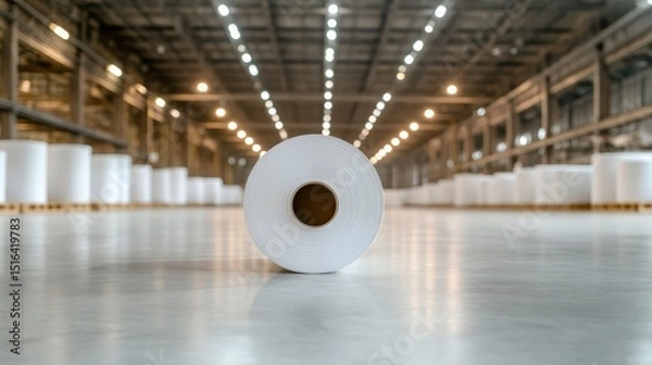Fototapeta A solitary roll of white paper placed on the floor of an industrial warehouse, illustrating the manufacturing process and the ambiance of a large, organized workspace.