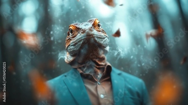 Fototapeta An artistic portrait merging a lizard's head with a formal suit, representing the complexities of identity and modern life in a surreal and visually engaging manner.