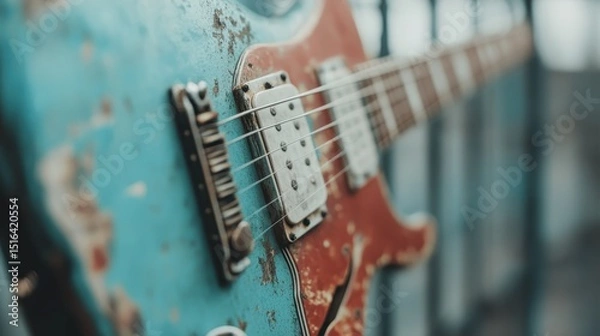 Fototapeta An artistic close-up of a vintage guitar, showcasing its weathered charm and rich textures, conveying a sense of nostalgia and the emotive power of music.