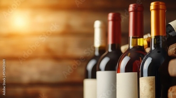 Fototapeta Elegantly arranged wine bottles with varying labels stand on a wooden shelf, reflecting sophisticated tastes and the art of winemaking in a warm, inviting setting.