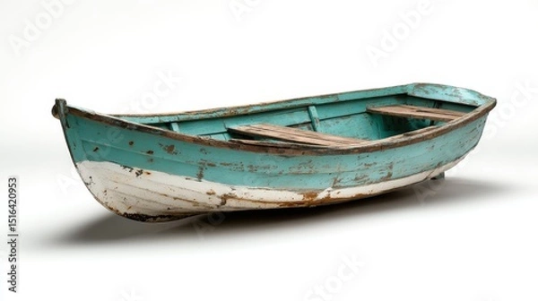 Fototapeta A close-up image of a weathered vintage boat with peeling turquoise paint and wooden benches, reflecting a rustic charm and nostalgia for maritime adventures and storytelling.