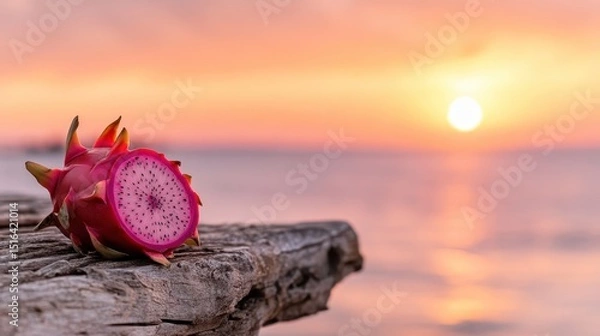 Fototapeta A beautifully sliced dragon fruit sits on weathered wood, with a stunning sunset reflecting off the water, showcasing nature's vibrant colors and culinary charm.