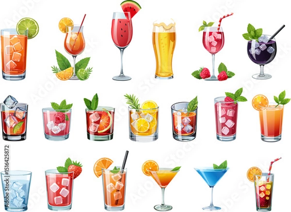 Obraz A vibrant collection of diverse drinks, including cocktails and refreshing fruit drinks as well as alcoholic beverages, beautifully arranged to catch the eye.  