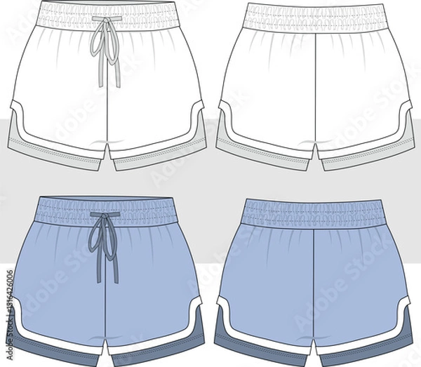 Obraz Women's inside boxer layer running sport shorts, technical fashion drawing, illustration. Front and Back View. CAD, Mockup.