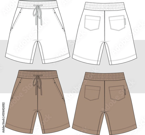 Obraz Men's sport shorts pant technical fashion drawing flat sketch, vector, illustration. Front and back view. Cad, Mockup.