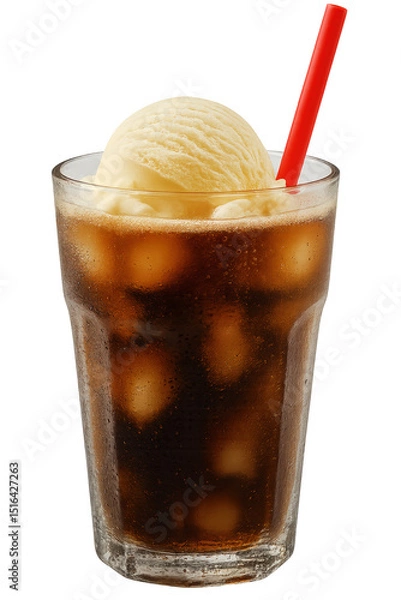 Obraz Refreshing soda float with ice cream served in a clear glass with a red straw