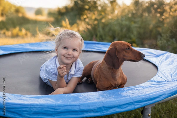 Obraz a three year old smiling girl playing with dachshund dog on trampoline in green sunny summer park