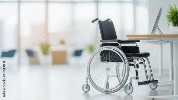 Fototapeta Wheelchair beside desk in minimalist office space, accessible workplace visual