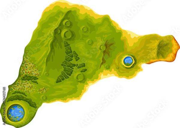 Obraz Easter island or Rapa Nui top view. Silhouette mountains, volcano crater, village, beach, forest, crag. Isolated vector cartoon map, undeciphered captions ancient peoples. 