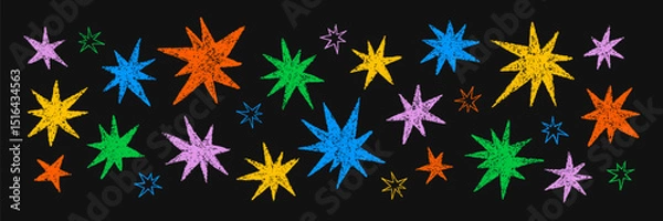 Fototapeta Crayon hand drawn doodle colorful stars set. Childish pencil drawing cosmic sparks and sparkles. Vector texture illustration