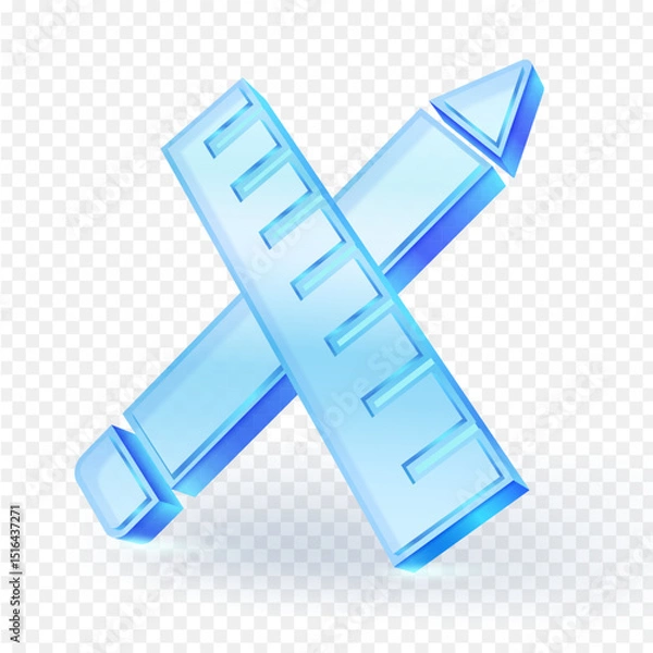 Fototapeta Glossy 3d icon of a crossed ruler and pencil. For education, student, engineer, architect and designer. isolated on transparent background. Vector illustration.