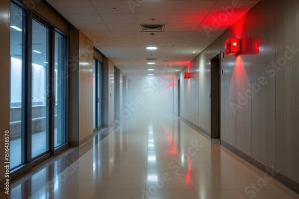 Fototapeta Fire alarm smoke trigger concept. Misty hallway with red emergency lights illuminating the space.