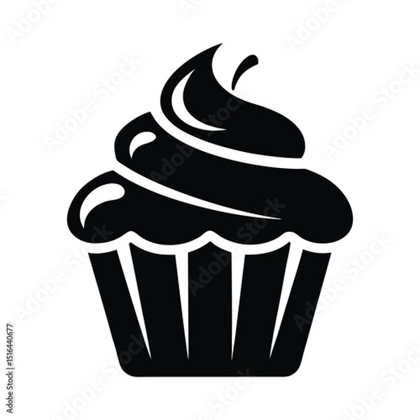 Fototapeta Black and white vector silhouette of a cupcake with frosting, isolated on a white background. Simple and clean dessert icon for bakery, pastry, or celebration themes