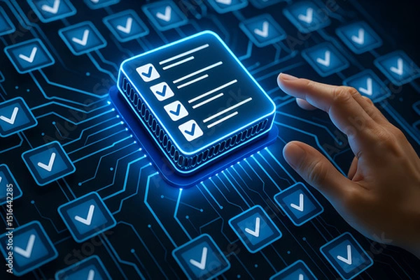 Fototapeta Business Compliance and Document Management System with File Icons, Checkmarks, Server Storage and Law-Based Data Handling