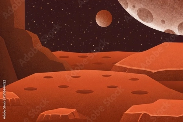 Fototapeta Planet landscape with craters, alien planet background, red desert surface with craters, stars on the dark sky. Cartoon illustration