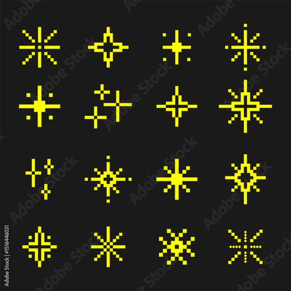Obraz Pixel art sparkles and light burst icons set on dark background, perfect for retro video games, UI design, mobile apps, and digital effects projects.Retro 8-Bit Style Glowing Pixel Symbols Vector