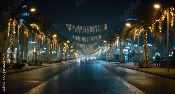 Fototapeta A night street lined with palm trees, illuminated with string lights, and a blurred car passage