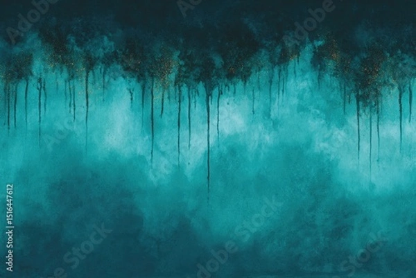 Obraz Abstract watercolor illustration featuring a gradient of teal and dark blue hues with dripping textures, creating a serene and calming atmosphere for artistic backgrounds