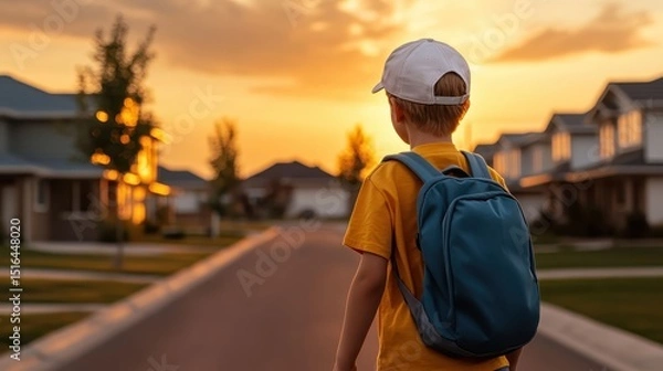 Obraz A silhouette of a child with a backpack walking down a quiet suburban street at sunset, evoking feelings of nostalgia and the innocence of childhood.