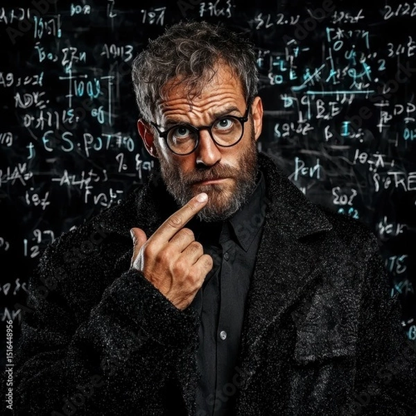 Fototapeta Contemplative Scientist Analyzing Complex Equations in a Dark Classroom Setting
