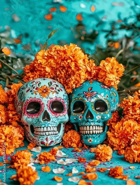 Fototapeta Day of the Dead Celebration, Colorful Skulls and Marigolds, Artistic Display, Vibrant Atmosphere, Close-Up View, Tradition