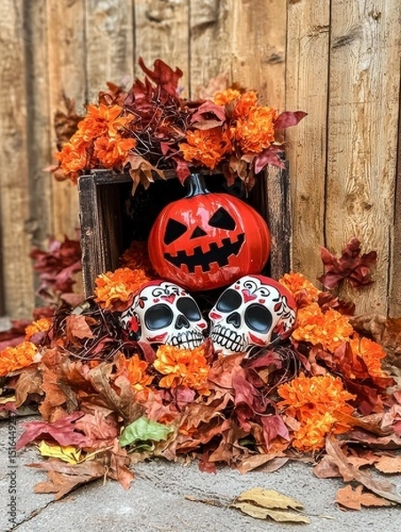 Fototapeta Halloween Celebration with Pumpkin and Sugar Skulls in Autumn Leaves at Rustic Location