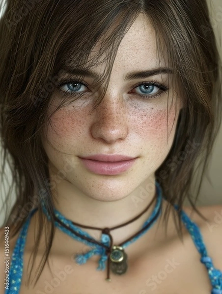 Fototapeta Portrait of a Young Woman with Freckles in Casual Attire, Indoor Setting, Close-Up Photography, Natural Light