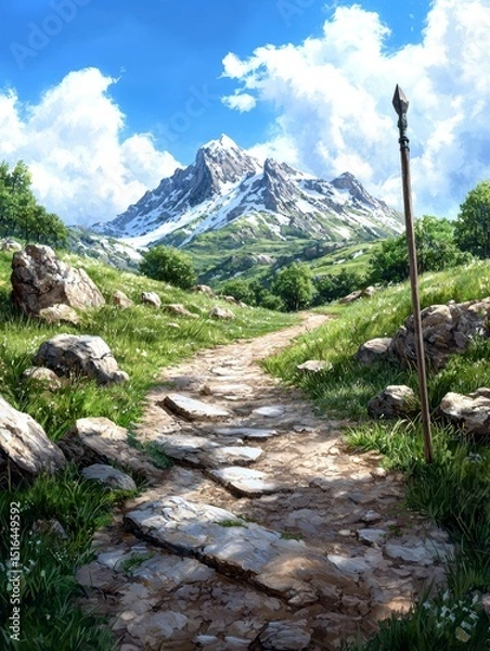 Fototapeta Adventure Trail, Mountain Landscape, Serene Pathway, Digital Illustration, Lush Environment, Scenic View, Nature Concept