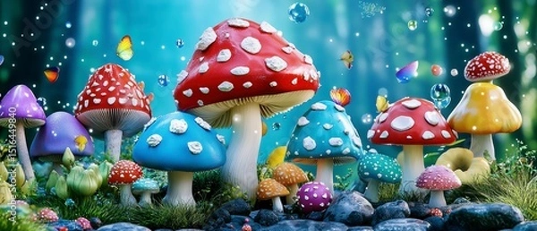 Fototapeta Fantasy Forest, Colorful Mushrooms, Enchanted Grove, Digital Artwork, Vibrant Atmosphere, Whimsical Perspective